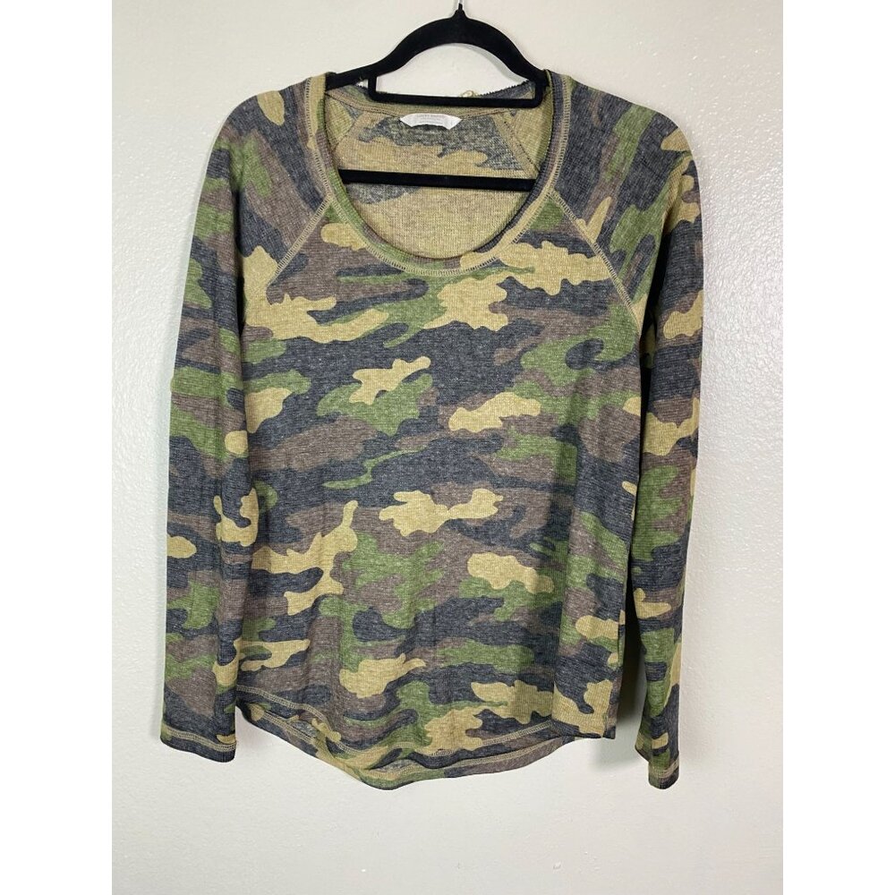 Lucky Brand Camo Thermal Long Sleeve Sweater Women Size Large Waffle knit Green